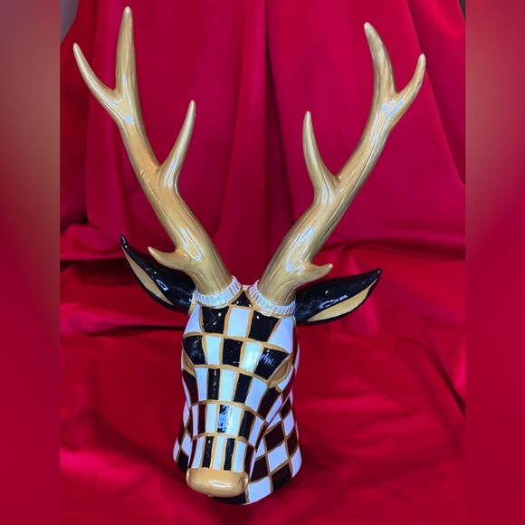 Hand Painted Ceramic Black and White Checked Deer with Antlers